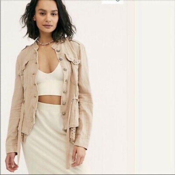 Free People Emilia Jacket Tan Linen Military Lace Hem Button Front Sz XS - Picture 5 of 12